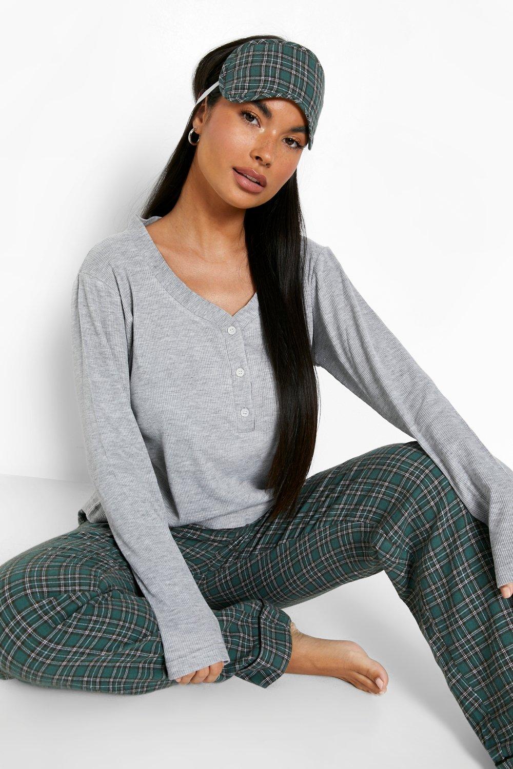 Women s Petite Check 3 Piece Trouser Pj Set Boohoo UK